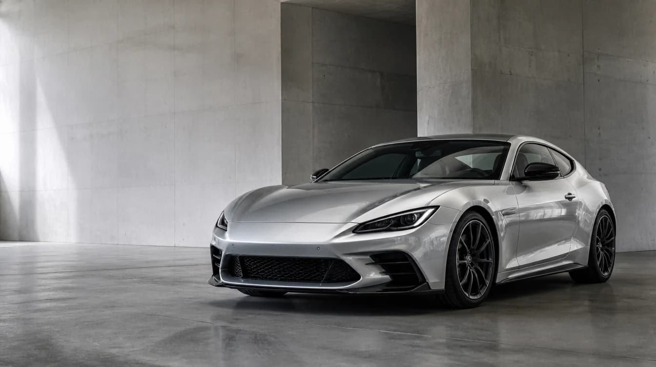 Illustrative silver performance coupe in a concrete architectural studio