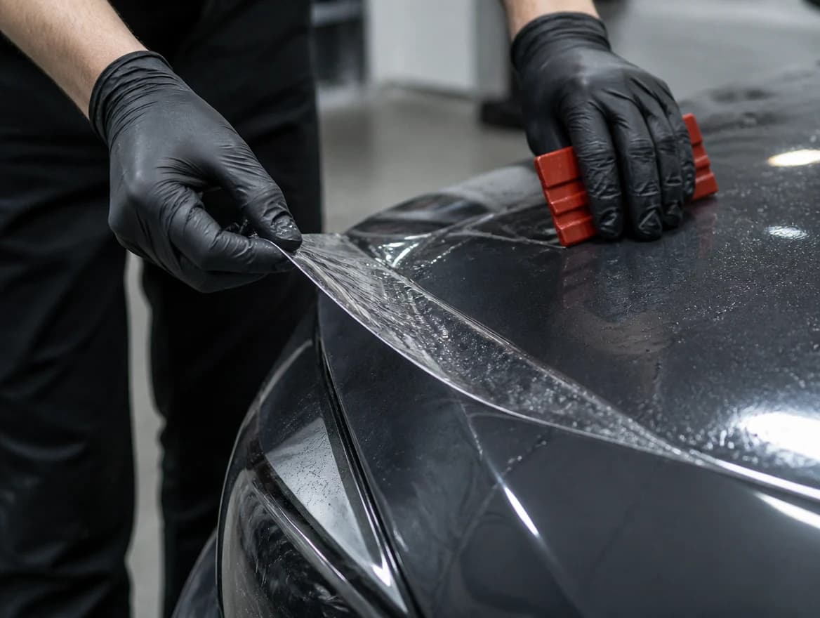 Illustrative close-up of clear protection film being fitted to a vehicle