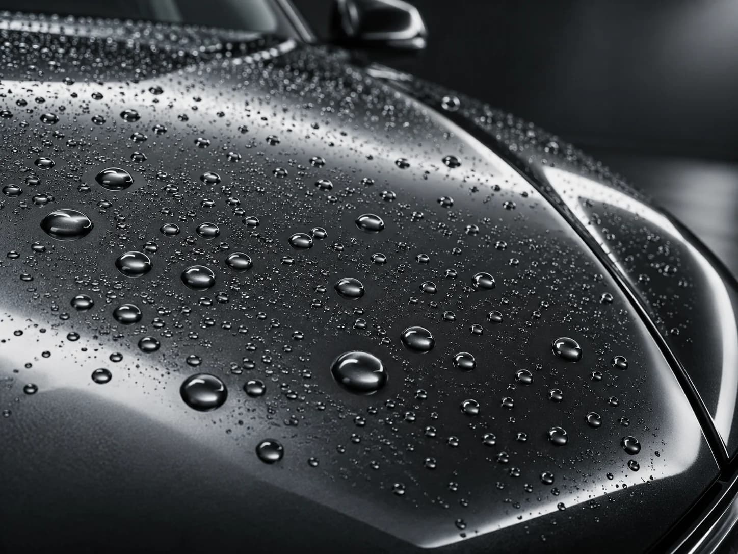 Illustrative water droplets beading on a graphite vehicle finish